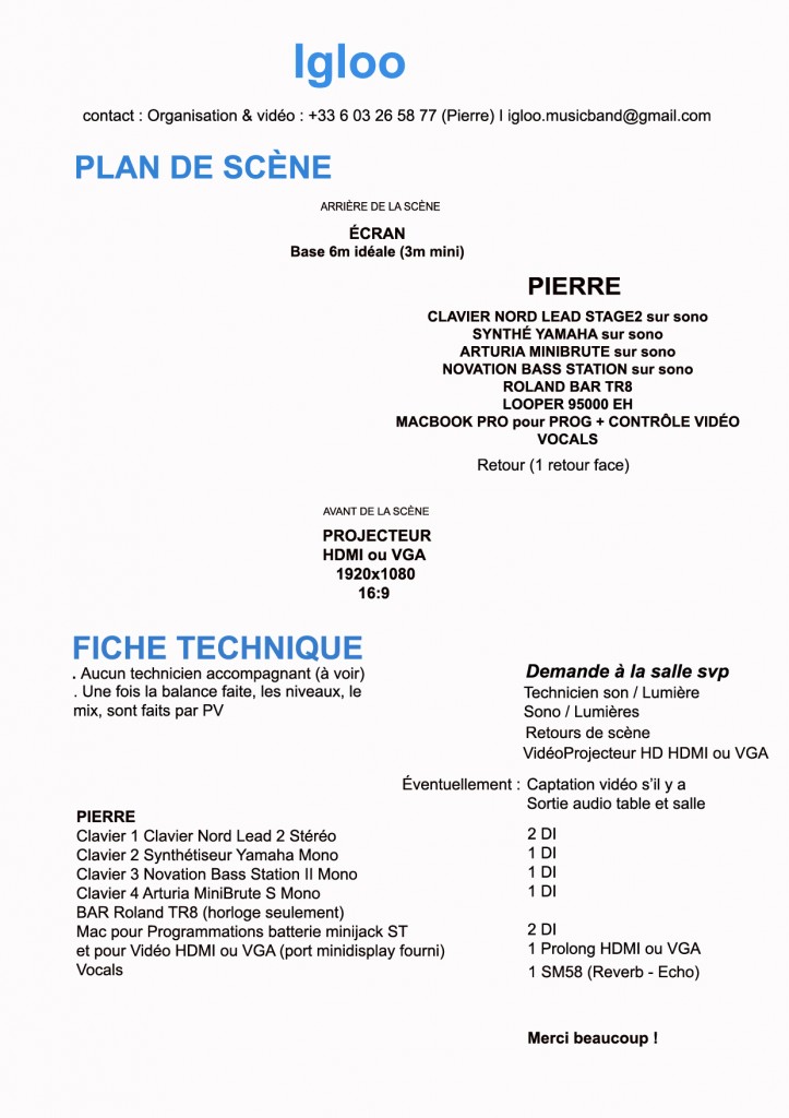 Igloo - fiche technique & plan de scène